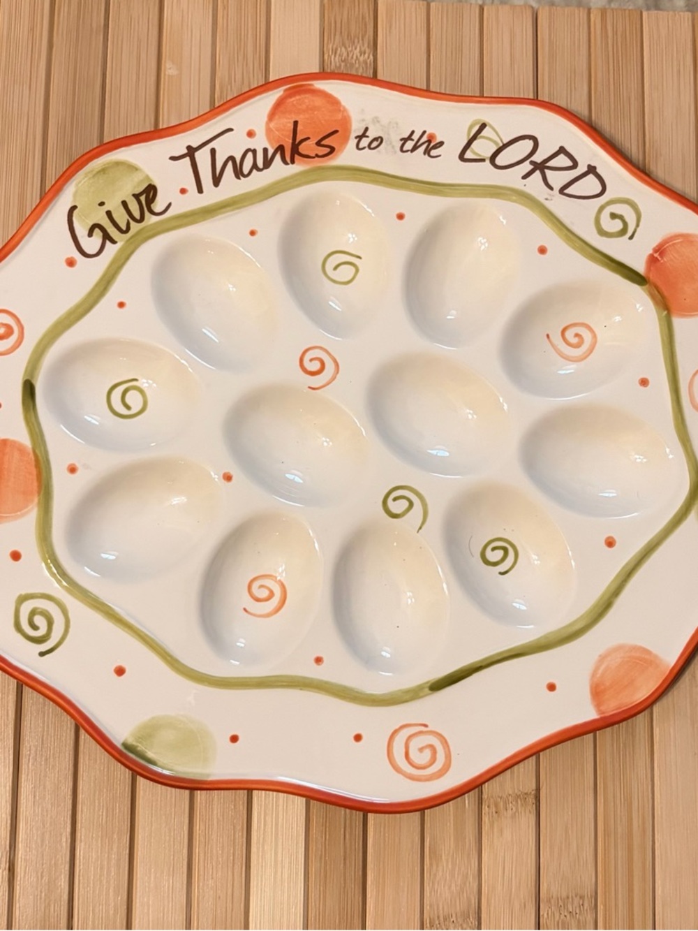 Deviled Egg Plate Ceramic Scalloped Folk Art Holiday Serving Dish, Give Thanks